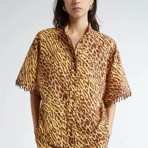 Zimmermann Coco Leopard Print Beaded Fringe Shirt